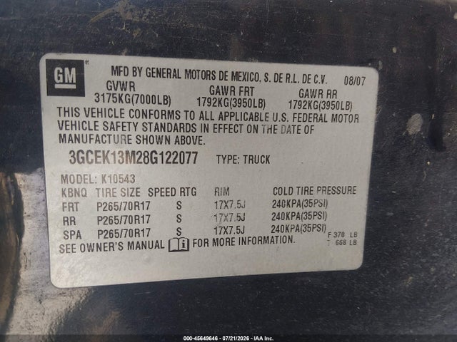 2008 Chevrolet Silverado 1500 Lt1 მანქანა იყიდება აუქციონზე, vin: 3GCEK13M28G122077, აუქციონის ნომერი: 45649646