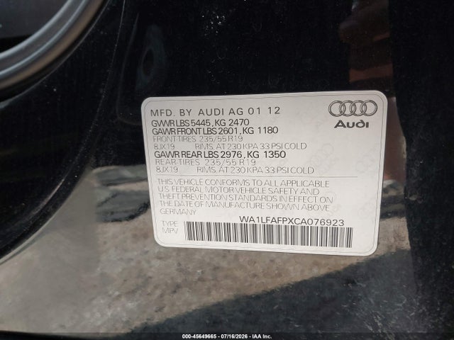 Продаж на аукціоні авто 2012 Audi Q5 2.0t Premium, vin: WA1LFAFPXCA076923, номер лоту: 45649665