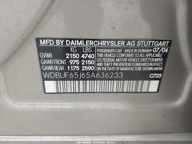 Aukcja sprzedaży 2005 Mercedes-benz E 320, vin: WDBUF65J65A636233, numer aukcji: 45649692