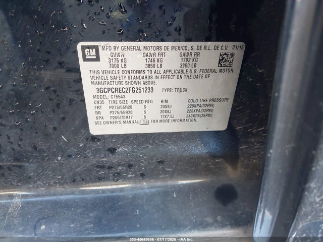 Продаж на аукціоні авто 2015 Chevrolet Silverado 1500 Lt, vin: 3GCPCREC2FG251233, номер лоту: 45649696