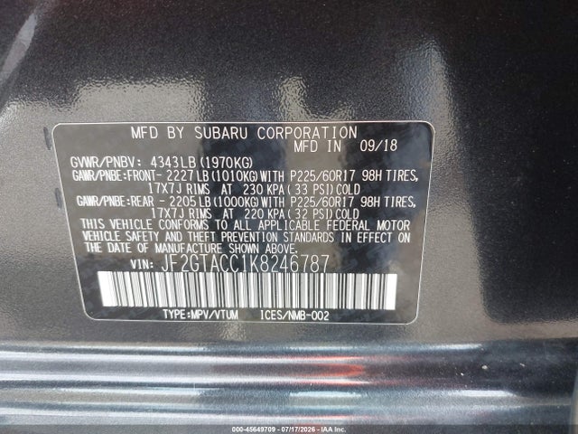 JF2GTACC1K8246787 Subaru Crosstrek 2.0i Premium