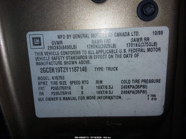 Продаж на аукціоні авто 2000 Chevrolet Silverado 1500 Ls, vin: 2GCEK19T2Y1187146, номер лоту: 45649713