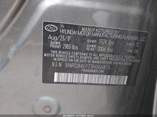 Aukcja sprzedaży 2018 Hyundai Elantra Sel, vin: 5NPD84LF7JH266475, numer aukcji: 45649741
