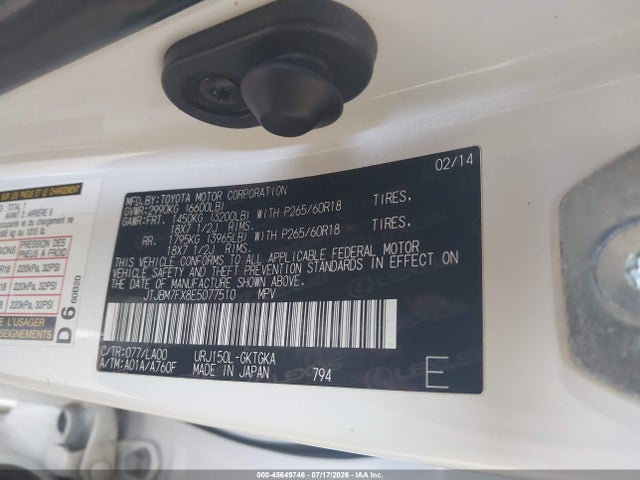 45649746 :رقم المزاد ، JTJBM7FX8E5077510 vin ، 2014 Lexus Gx 460 مزاد بيع