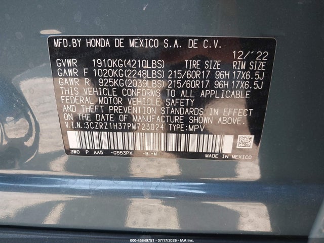 3CZRZ1H37PM723024 Honda Hr-v 2wd Lx