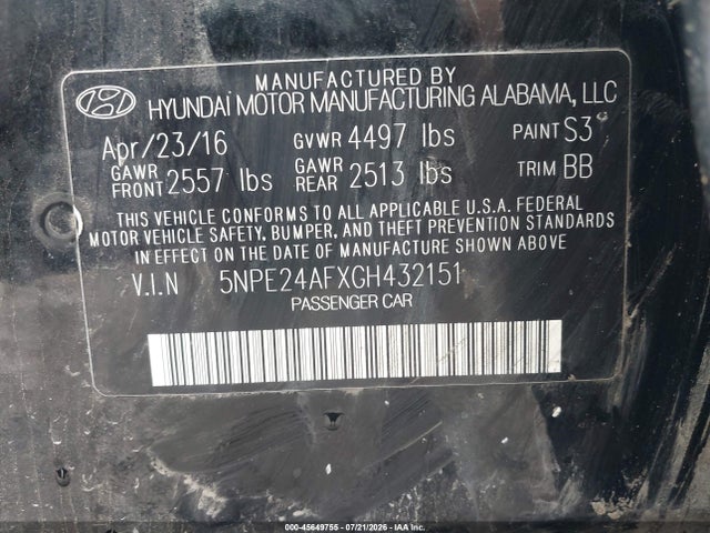 Продаж на аукціоні авто 2016 Hyundai Sonata Se, vin: 5NPE24AFXGH432151, номер лоту: 45649755