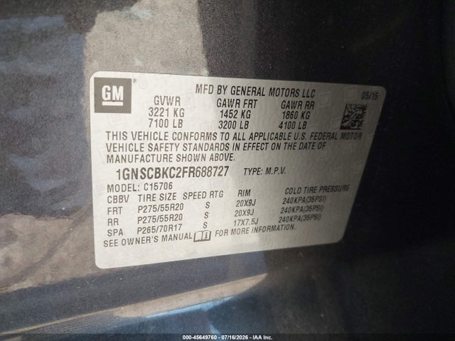 Chevrolet Tahoe Lt 2015 1GNSCBKC2FR688727 Image 9