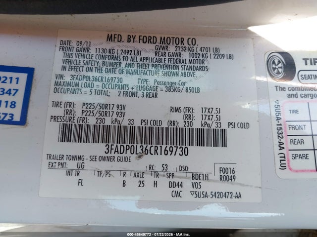 2012 Ford Fusion Hybrid მანქანა იყიდება აუქციონზე, vin: 3FADP0L36CR169730, აუქციონის ნომერი: 45649772