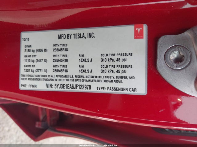 Tesla Model 3 Long Range/mid Range 2018 5YJ3E1EA6JF122970 Image 9