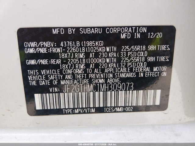 Aukcja sprzedaży 2021 Subaru Crosstrek Limited, vin: JF2GTHMC1MH309073, numer aukcji: 45649799