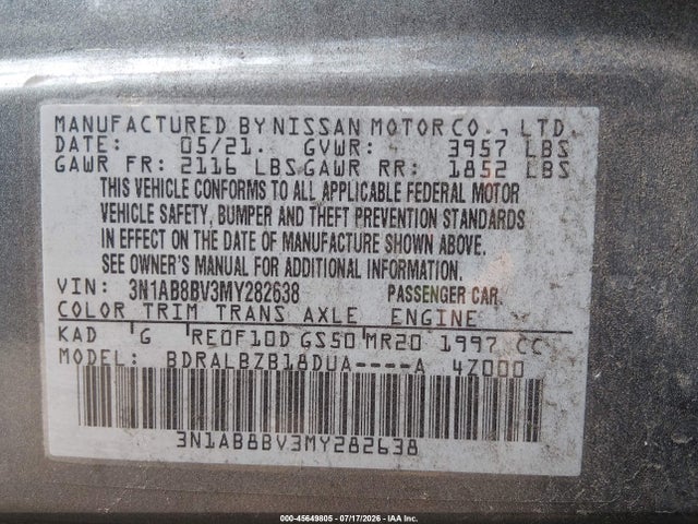 Auction sale of the 2021 Nissan Sentra S Xtronic Cvt, vin: 3N1AB8BV3MY282638, lot number: 45649805