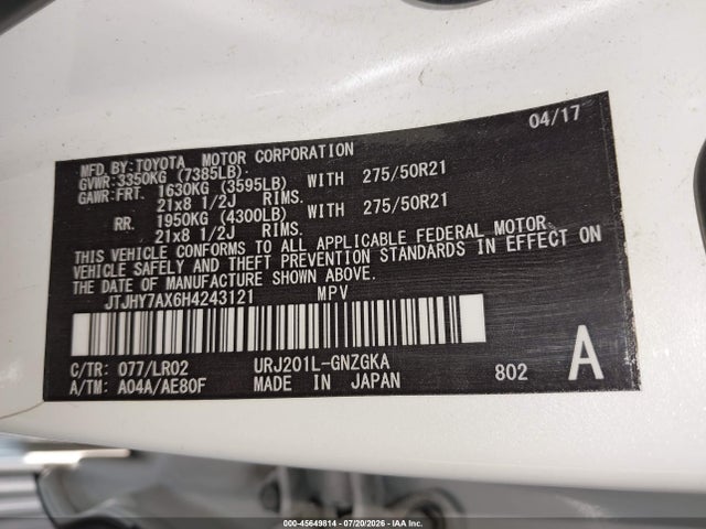 Aukcja sprzedaży 2017 Lexus Lx 570, vin: JTJHY7AX6H4243121, numer aukcji: 45649814