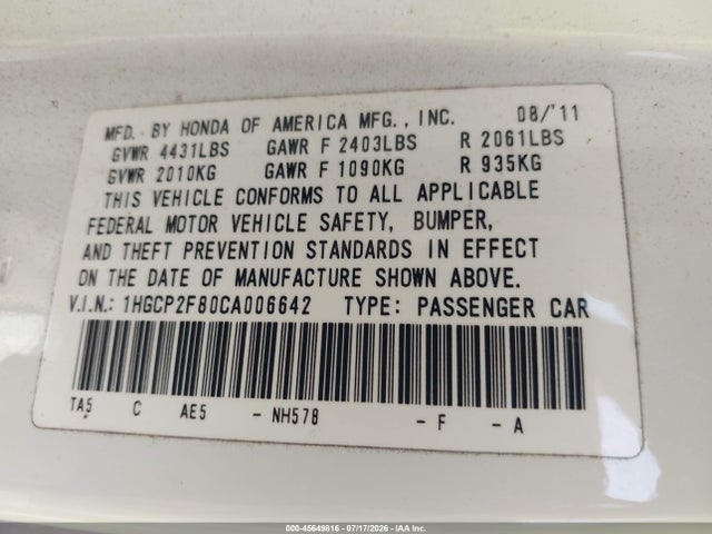 2012 Honda Accord 2.4 Ex-l მანქანა იყიდება აუქციონზე, vin: 1HGCP2F80CA006642, აუქციონის ნომერი: 45649816