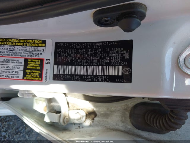 45649817 :رقم المزاد ، 4T1K31AK9NU576820 vin ، 2022 Toyota Camry Xse Hybrid مزاد بيع
