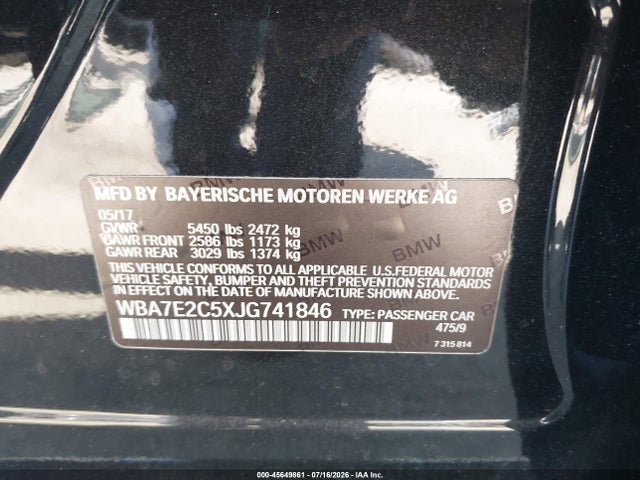 45649861 :رقم المزاد ، WBA7E2C5XJG741846 vin ، 2018 Bmw 740i مزاد بيع