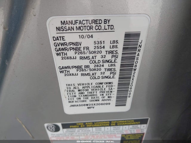 Продаж на аукціоні авто 2005 Infiniti Fx35, vin: JNRAS08W25X206099, номер лоту: 45649890