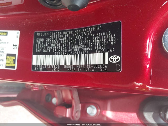 Aukcja sprzedaży 2025 Toyota Corolla Le, vin: 5YFB4MDE7SP345271, numer aukcji: 45649893