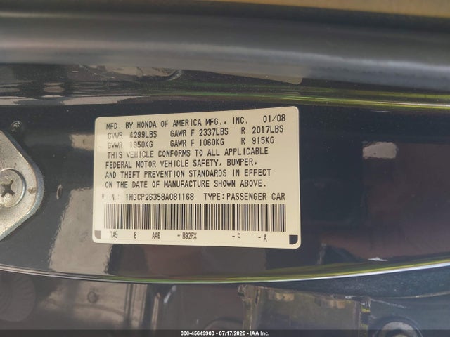 Продажа на аукционе авто 2008 Honda Accord 2.4 Lx, vin: 1HGCP26358A081168, номер лота: 45649903
