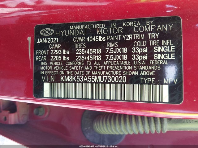 Auction sale of the 2021 Hyundai Kona Ultimate, vin: KM8K53A55MU730020, lot number: 45649917