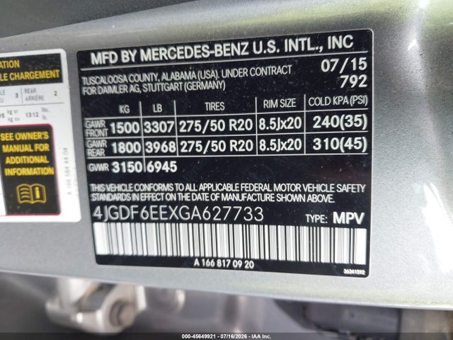 Auction sale of the 2016 Mercedes-benz Gl 450 4matic, vin: 4JGDF6EEXGA627733, lot number: 45649921