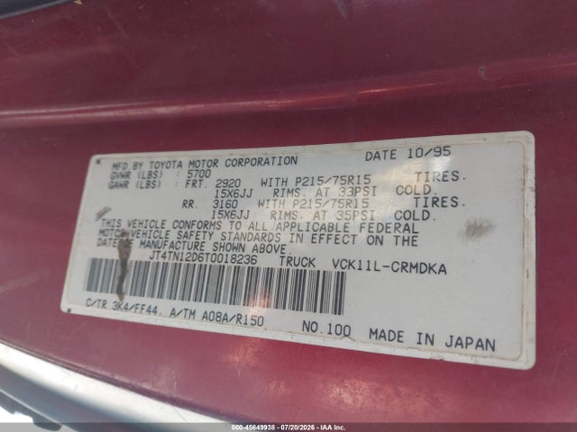 Продажа на аукционе авто 1996 Toyota T100 Xtracab, vin: JT4TN12D6T0018236, номер лота: 45649938