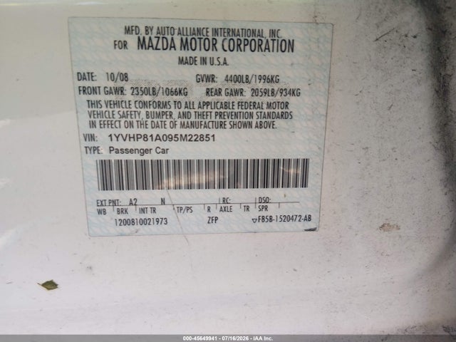Aukcja sprzedaży 2009 Mazda Mazda6, vin: 1YVHP81A095M22851, numer aukcji: 45649941