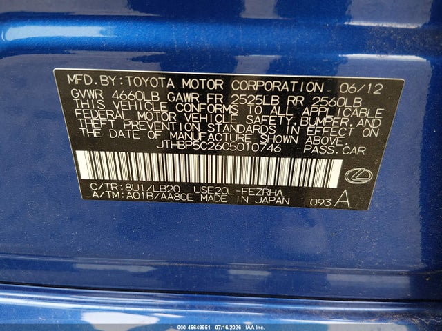 Aukcja sprzedaży 2012 Lexus Is F, vin: JTHBP5C26C5010746, numer aukcji: 45649951
