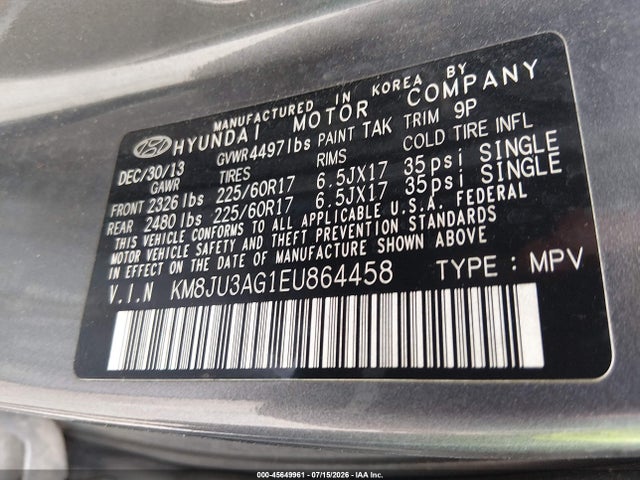 45649961 :رقم المزاد ، KM8JU3AG1EU864458 vin ، 2014 Hyundai Tucson Se مزاد بيع