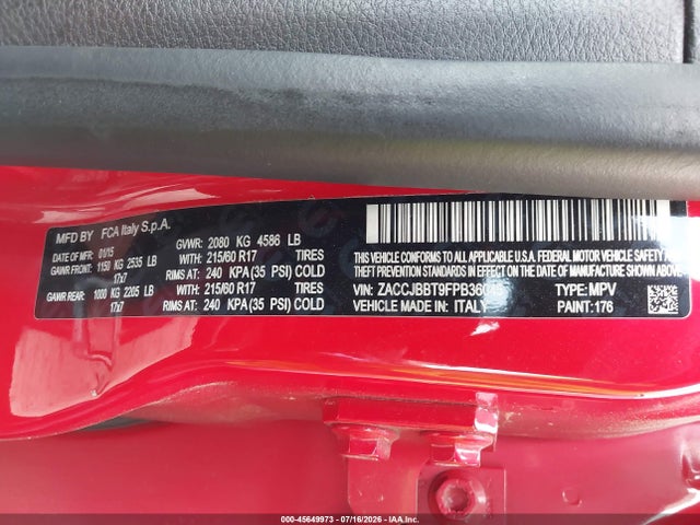 Продажа на аукционе авто 2015 Jeep Renegade Latitude, vin: ZACCJBBT9FPB36045, номер лота: 45649973