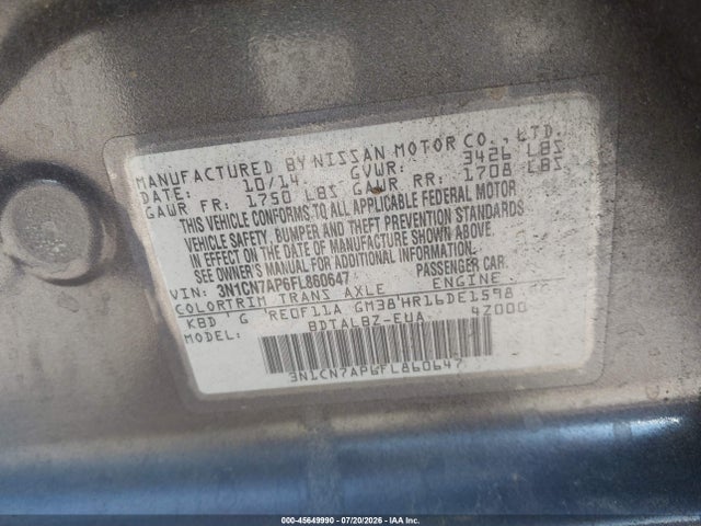3N1CN7AP6FL860647 Nissan Versa 1.6 Sv