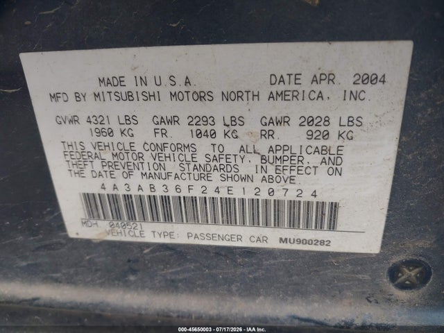 Aukcja sprzedaży 2004 Mitsubishi Galant Es, vin: 4A3AB36F24E120724, numer aukcji: 45650003