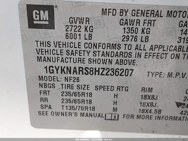 2017 Cadillac Xt5 Standard მანქანა იყიდება აუქციონზე, vin: 1GYKNARS8HZ236207, აუქციონის ნომერი: 45650007