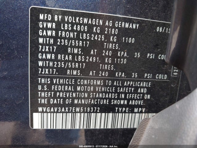 2014 Volkswagen Tiguan Se მანქანა იყიდება აუქციონზე, vin: WVGAV3AX7EW519372, აუქციონის ნომერი: 45650013