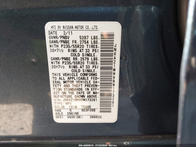 Продажа на аукционе авто 2011 Nissan Murano Le, vin: JN8AZ1MW9BW173261, номер лота: 45650018