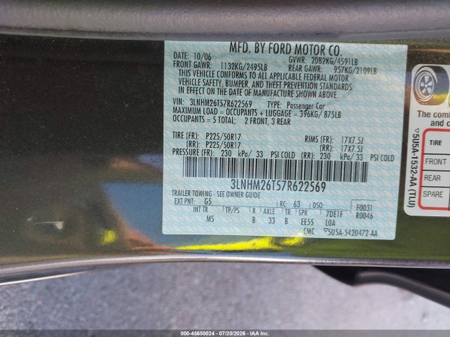 Продажа на аукционе авто 2007 Lincoln Mkz, vin: 3LNHM26T57R622569, номер лота: 45650024