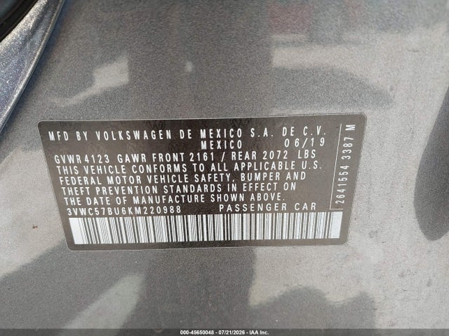 Aukcja sprzedaży 2019 Volkswagen Jetta 1.4t R-line/1.4t S/1.4t Se, vin: 3VWC57BU6KM220988, numer aukcji: 45650048
