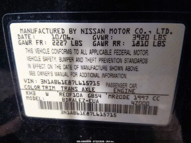 Продажа на аукционе авто 2007 Nissan Sentra 2.0s, vin: 3N1AB61E87L615715, номер лота: 45650056