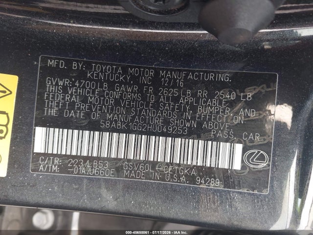 45650061 :رقم المزاد ، 58ABK1GG2HU049253 vin ، 2017 Lexus Es 350 مزاد بيع