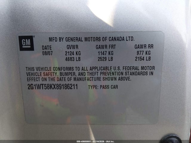 Продажа на аукционе авто 2008 Chevrolet Impala Lt, vin: 2G1WT58KX89186211, номер лота: 45650081