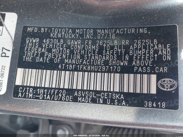 2017 Toyota Camry Se მანქანა იყიდება აუქციონზე, vin: 4T1BF1FK8HU297170, აუქციონის ნომერი: 45650083