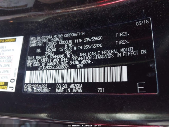 Продаж на аукціоні авто 2018 Lexus Rx 350l Premium, vin: JTJDZKCA7J2008025, номер лоту: 45650094