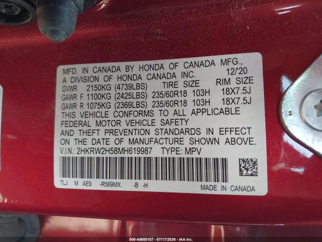 2HKRW2H58MH619987 Honda Cr-v Awd Ex