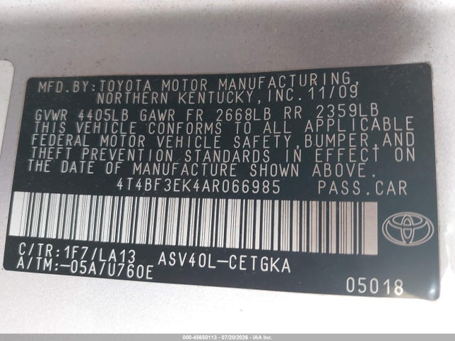 Продаж на аукціоні авто 2010 Toyota Camry Xle, vin: 4T4BF3EK4AR066985, номер лоту: 45650113