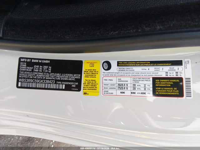 Aukcja sprzedaży 2016 Bmw M4, vin: WBS3R9C59GK338423, numer aukcji: 45650114