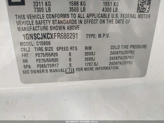 Chevrolet Suburban Lt 2015 1GNSCJKCXFR688291 Image 9