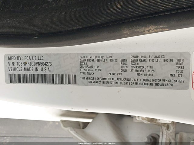 45650132 :رقم المزاد ، 1C6RRFJG0PN504273 vin ، 2023 Ram 1500 Laramie  4x4 5'7 Box مزاد بيع