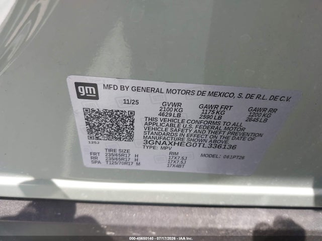 Auction sale of the 2026 Chevrolet Equinox Fwd Lt, vin: 3GNAXHEG0TL336136, lot number: 45650140