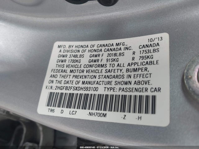 2013 Honda Civic Lx მანქანა იყიდება აუქციონზე, vin: 2HGFB2F5XDH593100, აუქციონის ნომერი: 45650148
