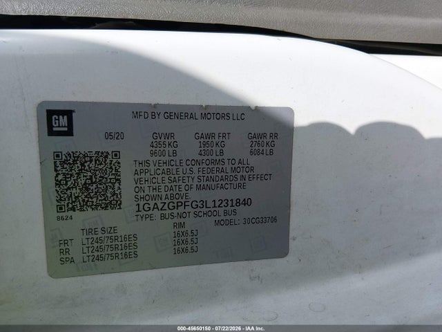 Продаж на аукціоні авто 2020 Chevrolet Express Passenger Rwd 3500 Extended Wheelbase Lt, vin: 1GAZGPFG3L1231840, номер лоту: 45650150
