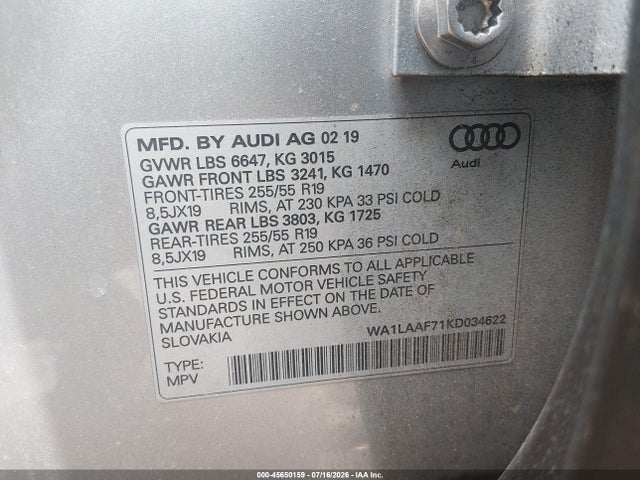 Продаж на аукціоні авто 2019 Audi Q7 55 Premium/55 Se Premium, vin: WA1LAAF71KD034622, номер лоту: 45650159